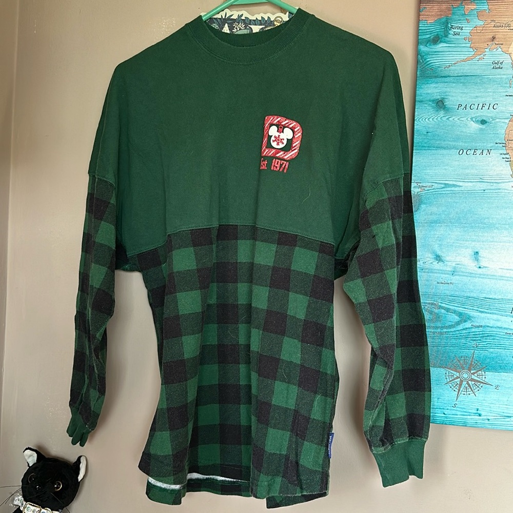 Disney 2020 Holiday Green and Black Plaid Spirit Jersey with candy Cane letter
